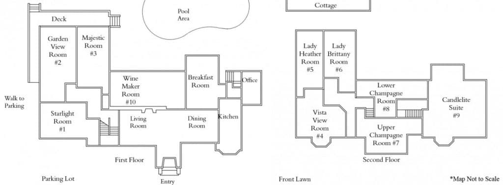 Floor plan of a building showing rooms, outdoor areas, and layout across two floors.
